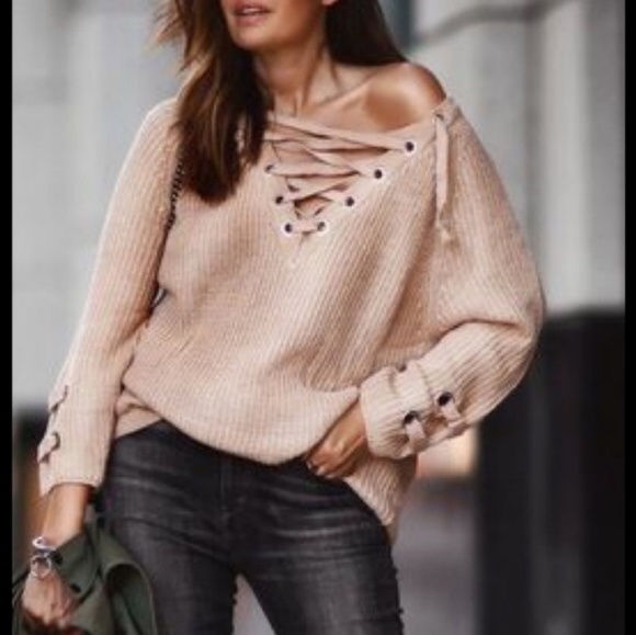 Lace Up Cozy Tan~Taupe Sweater - Picture 7 of 10
